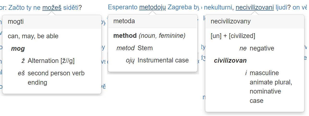 Collage: a popover window with Interslavic morphemes